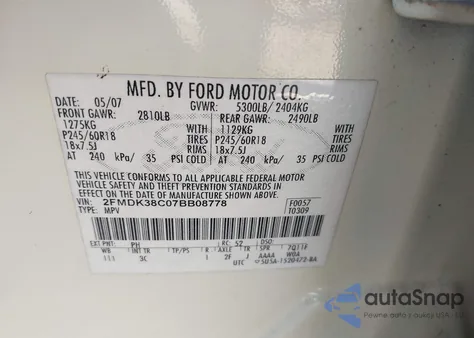 2007 Ford Edge Sel z USA, uszkodzony, nr VIN 2FMDK38C07BB08778